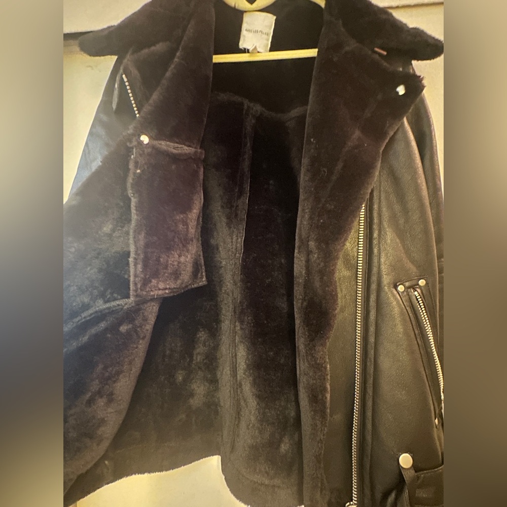 Avec Les Filles Oversized Faux Shearling Biker Moto Jacket Size Small - Picture 8 of 12
